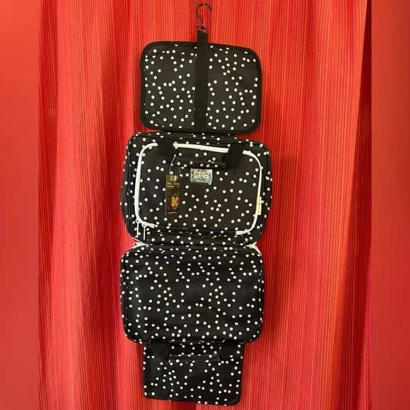 B&C Black and White Polka Dot Large Cosmetic Hanging Travel Bag - Picture 1 of 7